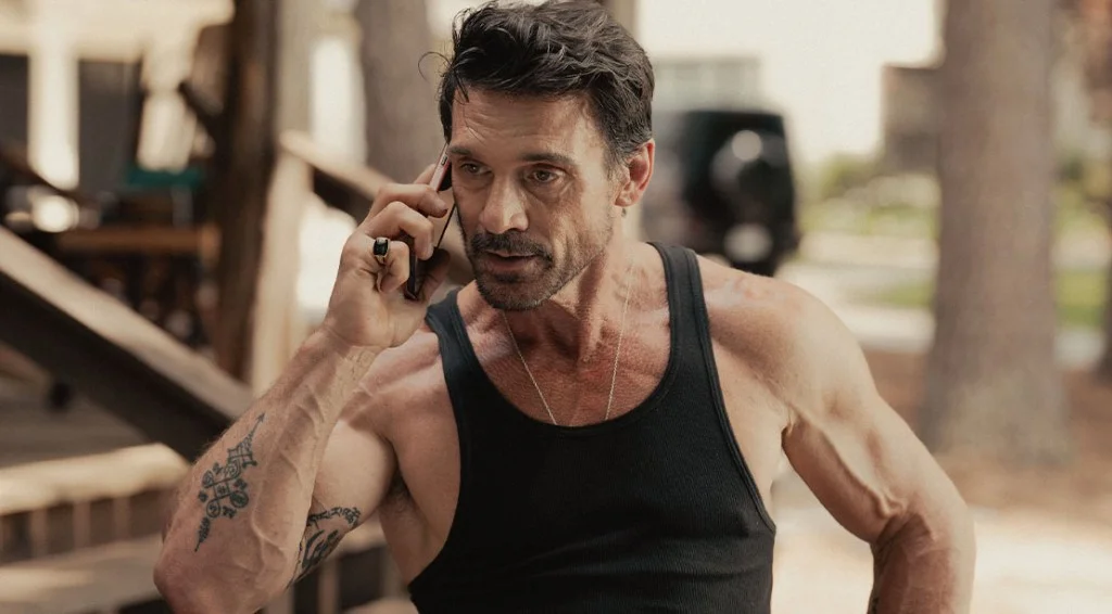 Frank Grillo talking on the phone for a shoot