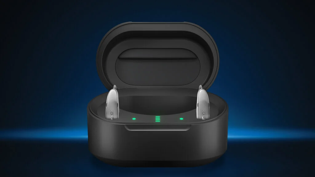 Starkey Omega AI+ hearing aids in charger