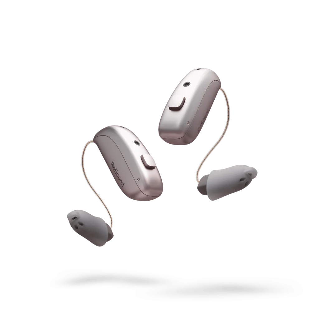 ReSound Sensia MicroRIE hearing aid in silver shown floating